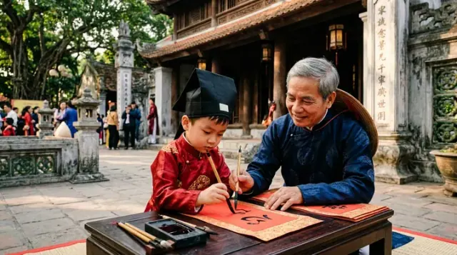 Một trẻ và người lớn cầm bút lông viết trên giấy đỏ trong sân mái ngói