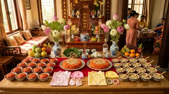 Bàn bày hai đĩa xôi lớn, nhiều chén nhỏ, hoa và quần áo trẻ trước bàn thờ