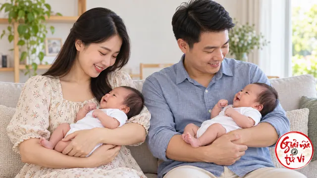 Hai người lớn ngồi cạnh nhau, mỗi người dùng hai tay bế một trẻ; logo góc dưới phải