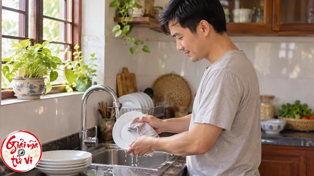 Một người đàn ông dùng hai tay rửa đĩa ở bồn bếp; logo góc dưới trái