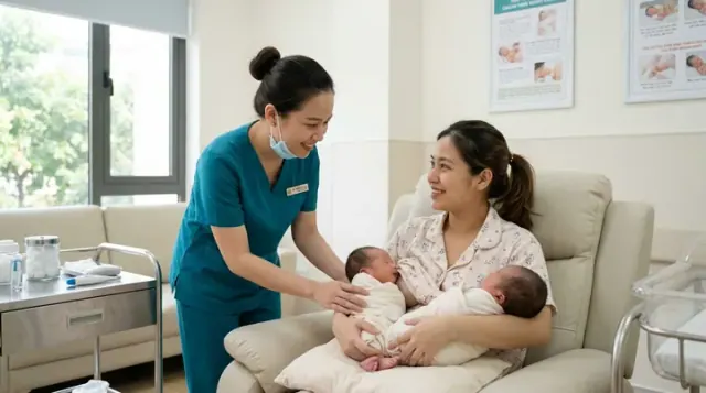 Người phụ nữ mặc áo xanh trao đổi với người mẹ đang bế hai trẻ trên ghế