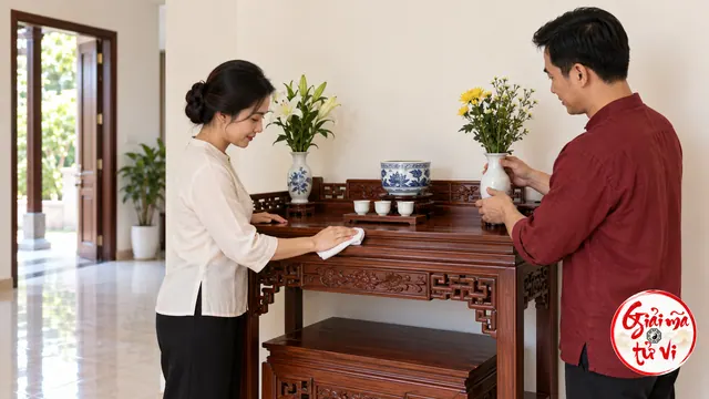 Người phụ nữ lau mặt bàn thờ gỗ trong khi người đàn ông cầm bình hoa trắng