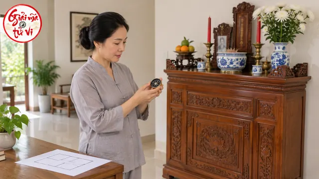 Người phụ nữ cầm la bàn bên bàn thờ gỗ và tờ giấy vẽ các ô trống