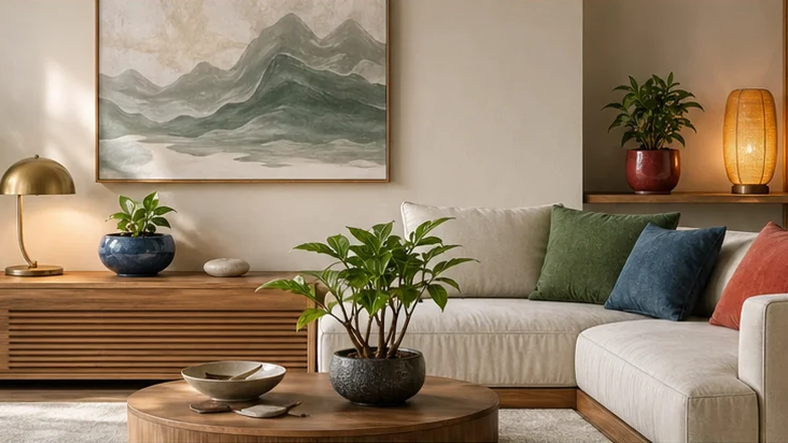Phòng khách có sofa, tranh núi và các chậu cây trên bàn, tủ và kệ