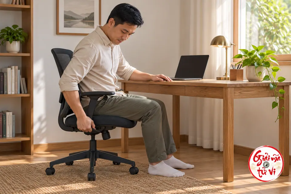 Người đàn ông chỉnh ghế tại bàn làm việc có máy tính, đèn và cây xanh