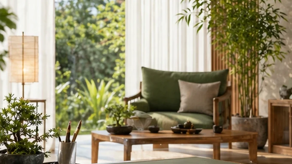 Phòng khách chan hòa ánh sáng với ghế gỗ đệm xanh lá rêu, bàn trà gỗ bày chậu bonsai và khay trà cạnh chậu trúc xanh