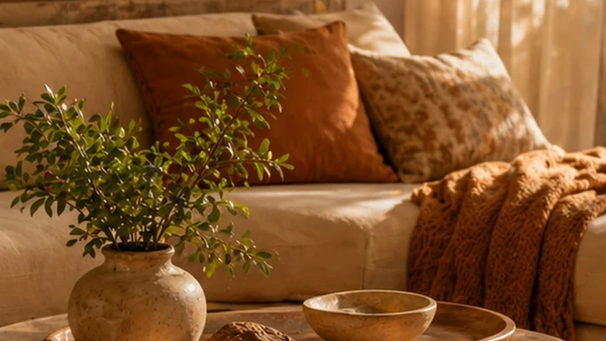 Phòng khách với sofa màu be, gối tựa cam đất, chăn len nâu và bình gốm cắm cành cây xanh nhỏ