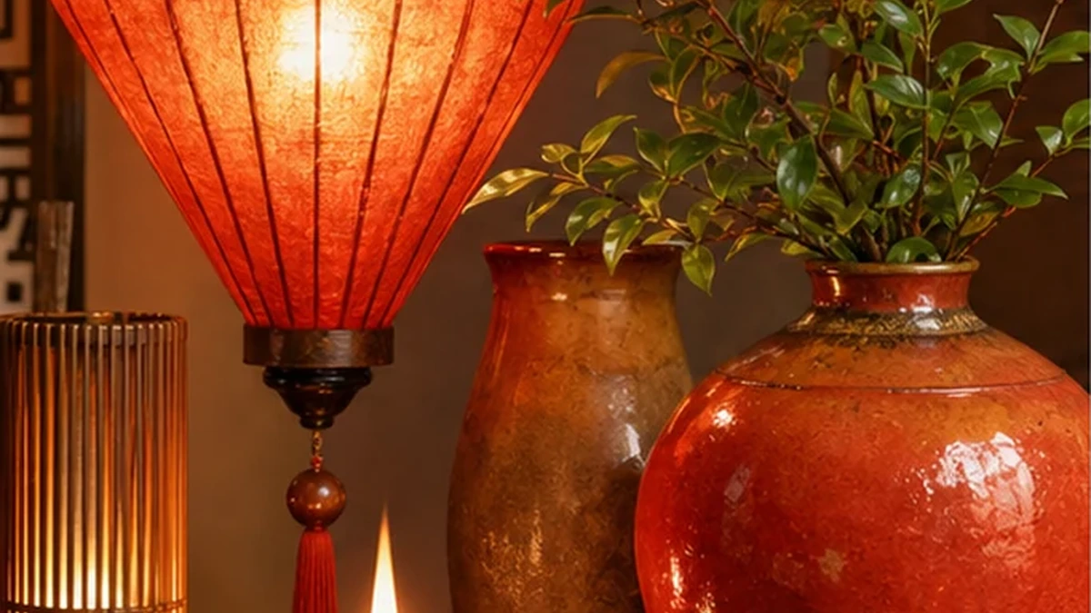 Đèn lồng đỏ, bình gốm màu đỏ và cành lá xanh trong một góc ánh sáng ấm