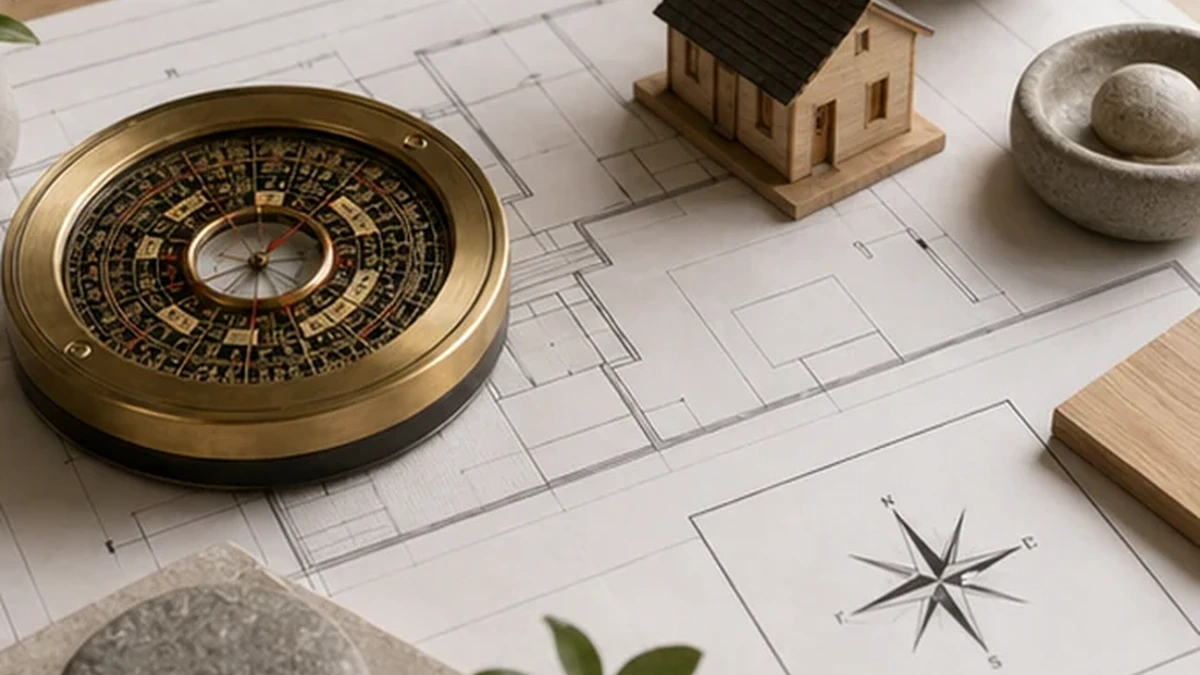 La bàn phong thủy bằng đồng đặt trên bản vẽ mặt bằng nhà ở cạnh mô hình nhà gỗ nhỏ và hoa gió chỉ phương vị