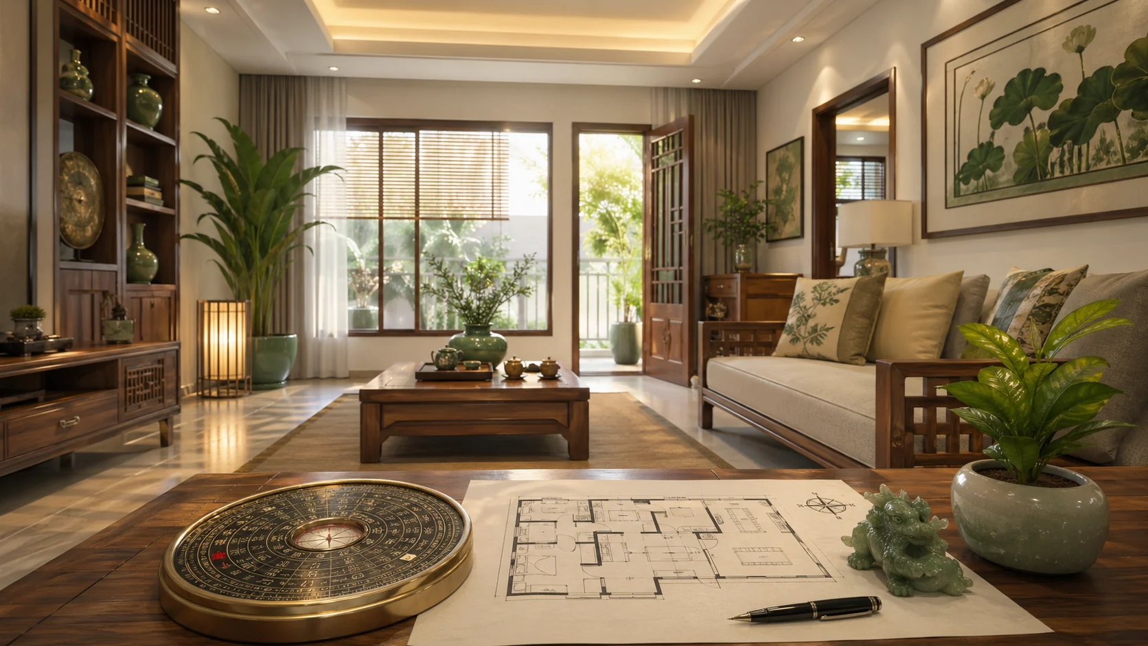 Bản vẽ mặt bằng kiến trúc và la bàn phong thủy trên bàn gỗ nhìn ra phòng khách thoáng sáng đón ánh nắng tự nhiên