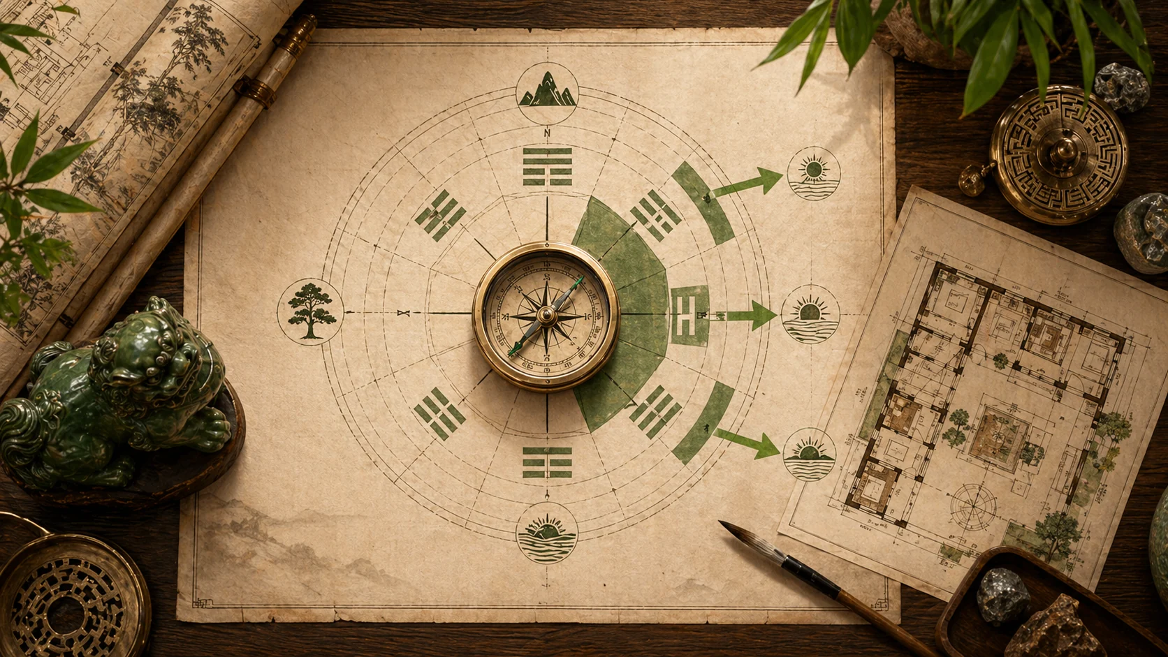 Sơ đồ Bát Quái phân cung phương vị Bát Trạch với la bàn bằng đồng ở trung tâm và bản vẽ kiến trúc cổ