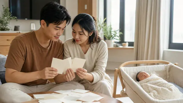 Hai người cầm ba thẻ trống trên bàn cạnh nôi em bé