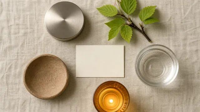 Miếng kim loại, lá cây, cốc nước, ngọn nến và bát đất quanh một thẻ trống
