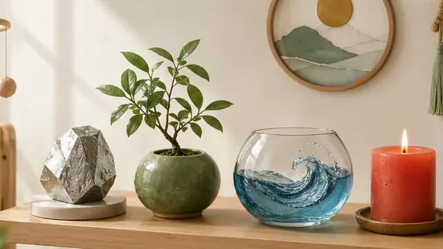 Khối kim loại, chậu cây xanh, bát nước xanh và cây nến đỏ đang cháy trên bàn gỗ