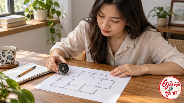 Người phụ nữ đối chiếu la bàn cầm tay với bản vẽ mặt bằng không có nhãn