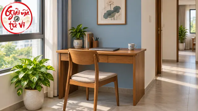 Bàn gỗ cạnh cửa sổ, máy tính xách tay đóng nắp và lối đi thoáng trong phòng có tường xanh