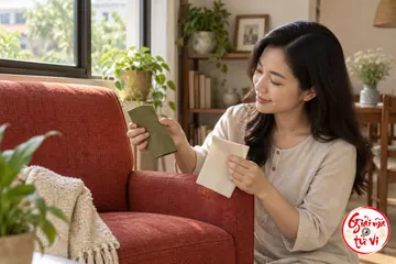 Người phụ nữ ngồi ghế đỏ cầm thẻ màu bên cửa sổ và cây xanh