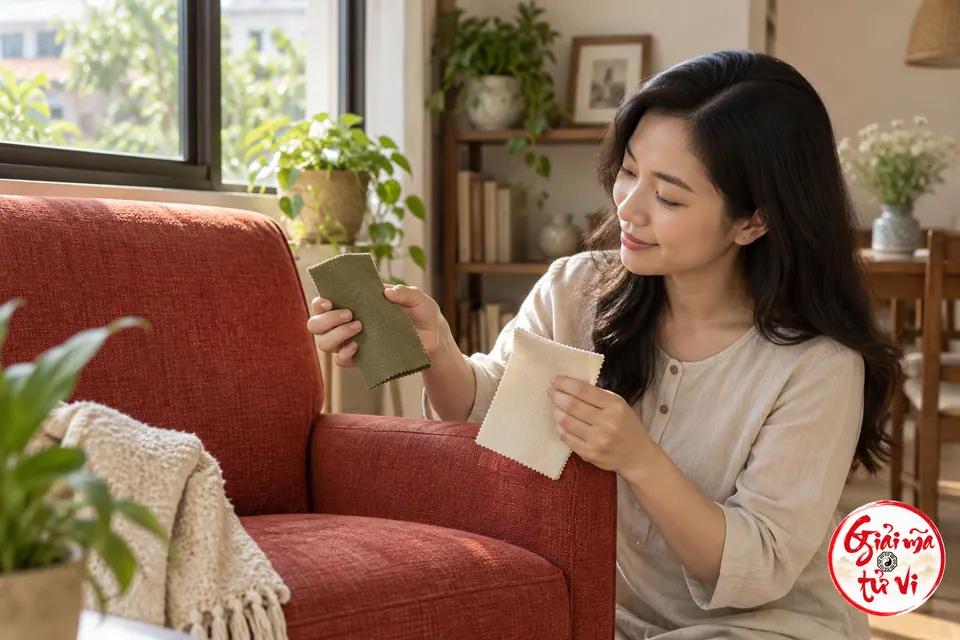Người phụ nữ so hai mẫu vải xanh rêu và kem cạnh ghế bọc đỏ bên cửa sổ