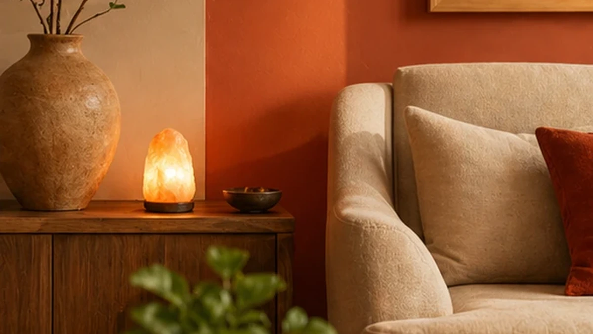 Đèn đá muối phát ánh sáng cam ấm đặt trên kệ gỗ cạnh ghế sofa màu be và mảng tường đất nung