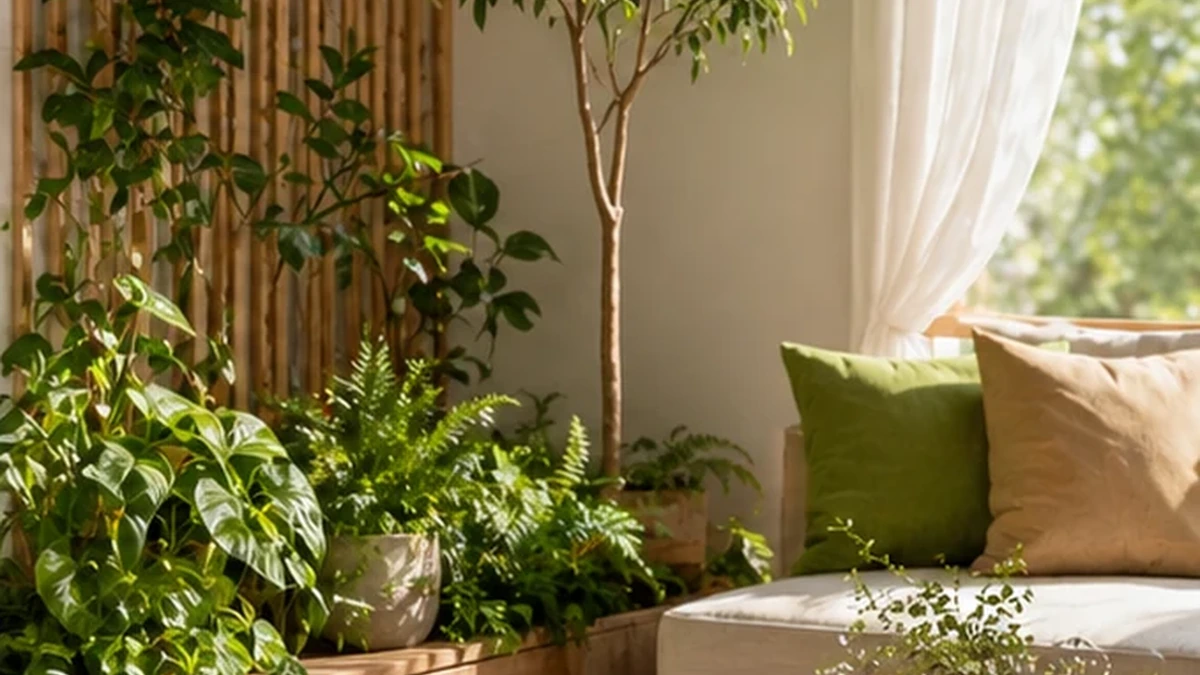Góc thư giãn thanh tịnh với chậu cây xanh mướt, thảm sợi dệt tự nhiên và ánh sáng ban mai dịu nhẹ