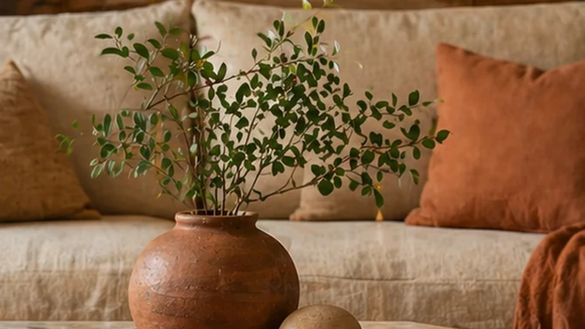 Ghế sofa be với gối nâu và cam, cạnh bình màu đất nung cắm cành lá xanh trên bàn
