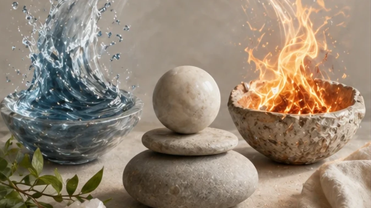 Trụ đá cuội và quả cầu đá cẩm thạch đứng làm cầu nối cân bằng ở giữa bát nước cuộn sóng xanh và bát gốm rực lửa cam