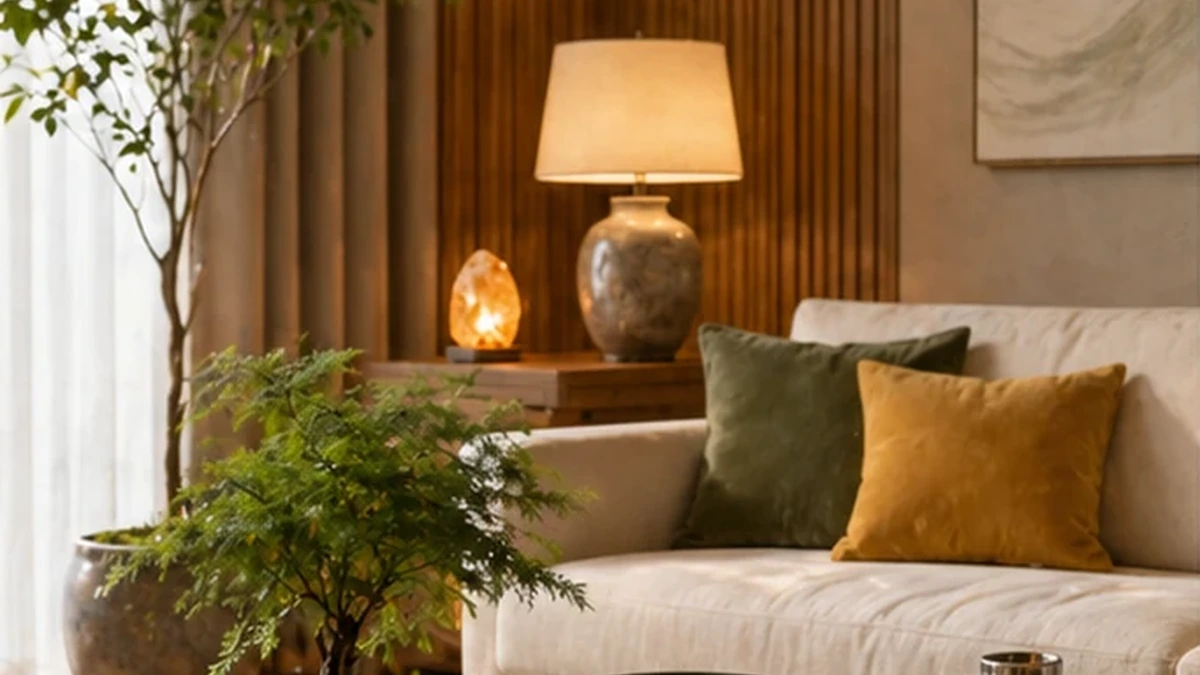Góc sofa cạnh cây, rèm và đèn bàn