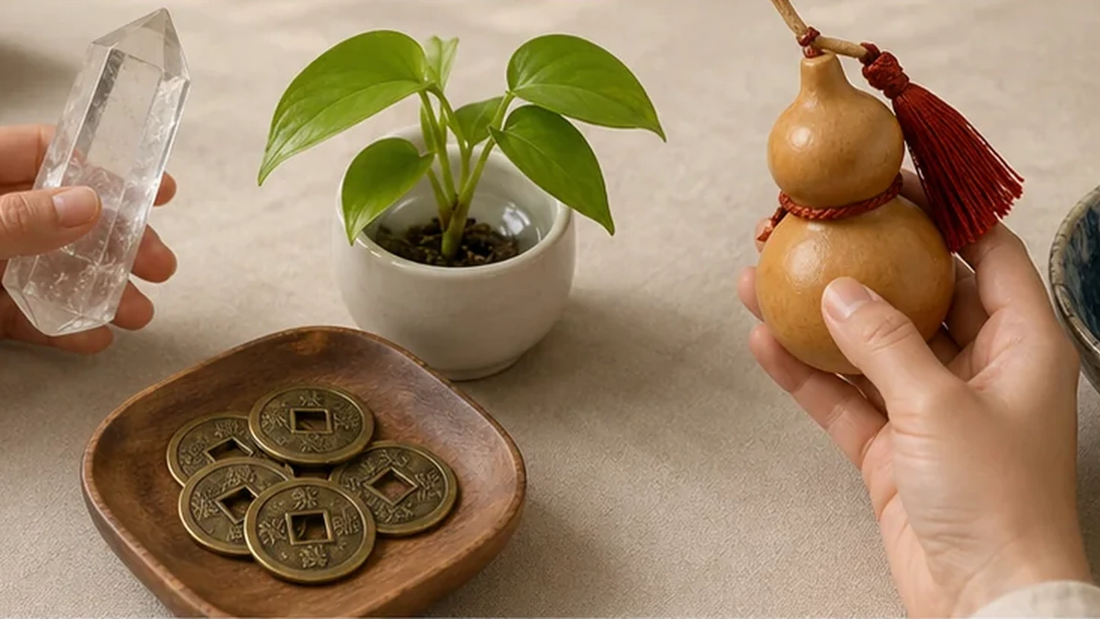Bộ linh vật Thiềm Thừ cóc ba chân ngậm tiền vàng và Long Quy trấn trạch trên kệ trang trí phòng khách