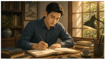 Tranh người nam áo xanh sẫm cầm bút viết trong sổ mở bên cửa sổ, trên bàn có sách và chén trà