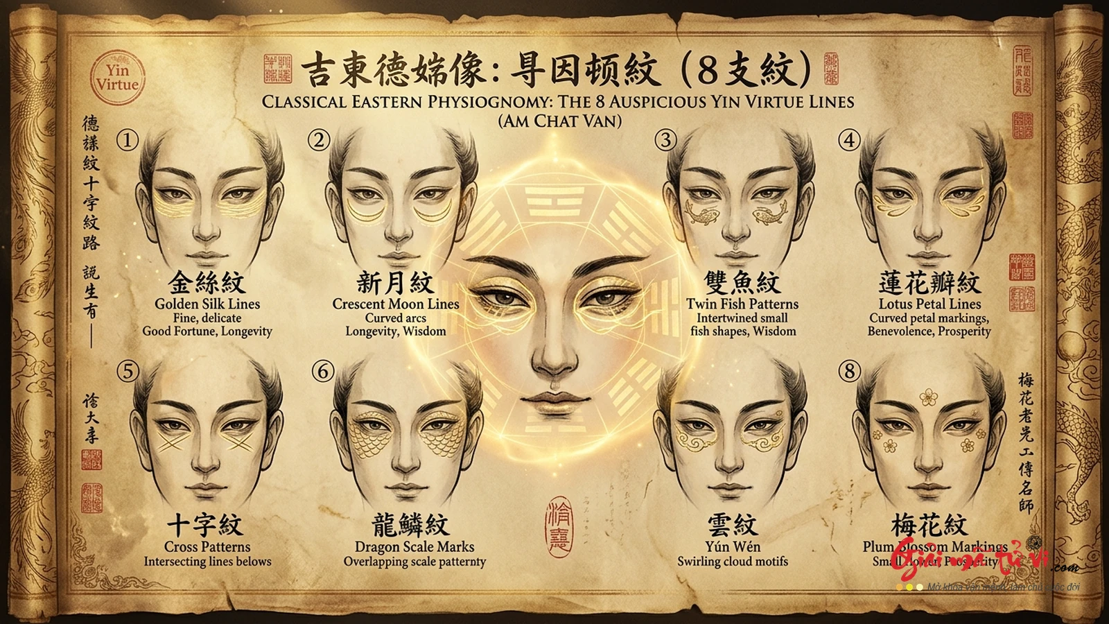 Đồ hình 8 dạng Âm Chất Vân kinh điển dưới mi mắt dưới – Dấu chỉ phúc đức cứu mạng người, con cháu hiển đạt và thọ diên trăm tuổi