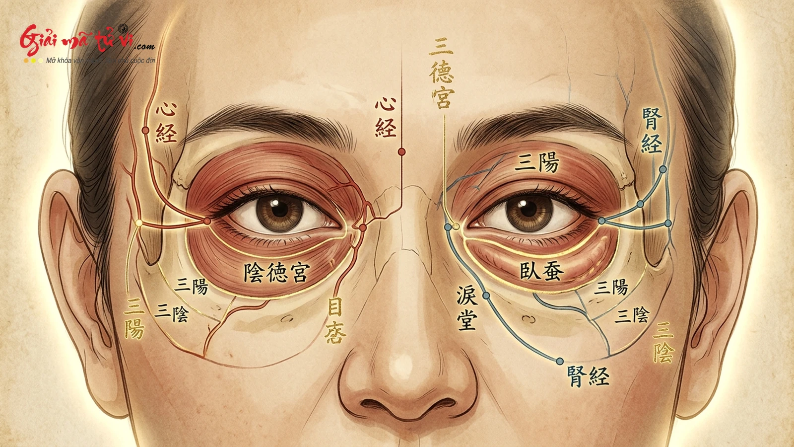 Bản đồ giải phẫu vị trí Cung Âm Đức, Ngọa Tàm, Lệ Đường và vùng Tam Dương Tam Âm dưới mắt trong Nhân tướng học Á Đông