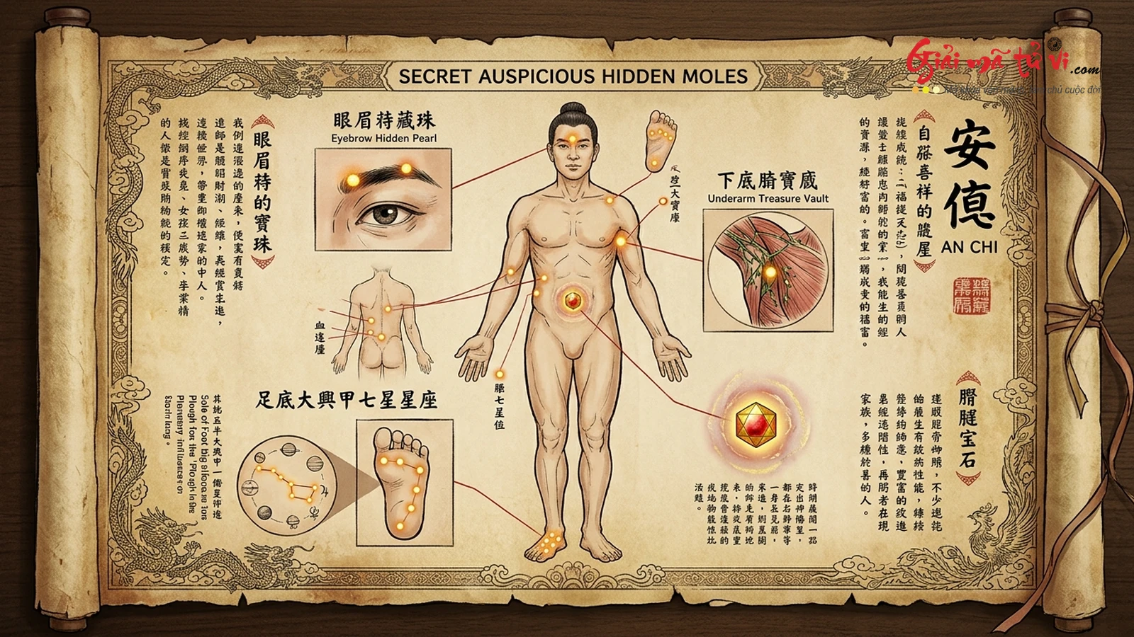 Bản đồ Ẩn Chí Bí Pháp minh họa các nốt ruồi mật huyệt giấu kín trong thân thể – Thảo Lý Tàng Châu lông mày, nách Kim Quỹ, lòng bàn chân Thất Tinh, rốn ngậm ngọc trong Nhân tướng học