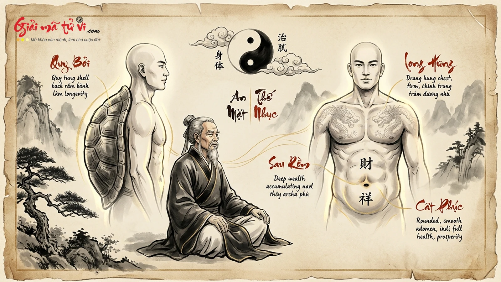 Ẩn Thể & Mật Nhục Tướng Pháp – Hình ảnh minh họa tướng lưng rùa Quy Bối Ẩn, rốn sâu ngậm ngọc, bụng dày tam tầng tụ tài và ngực Long Hung phẳng phiu