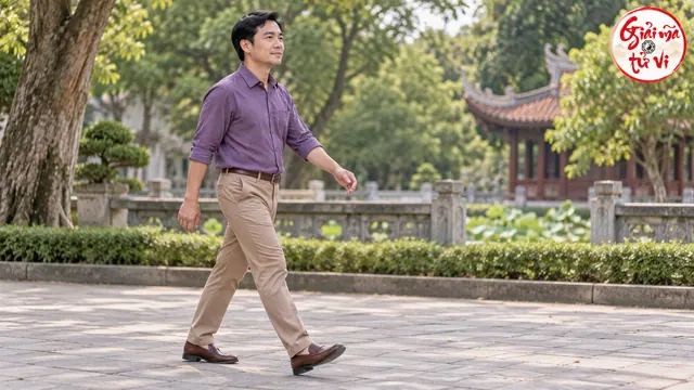 Người nam mặc áo tím và quần be đi trên lối vườn, hai tay nhìn rõ và logo Giải Mã Tử Vi ở góc trên phải