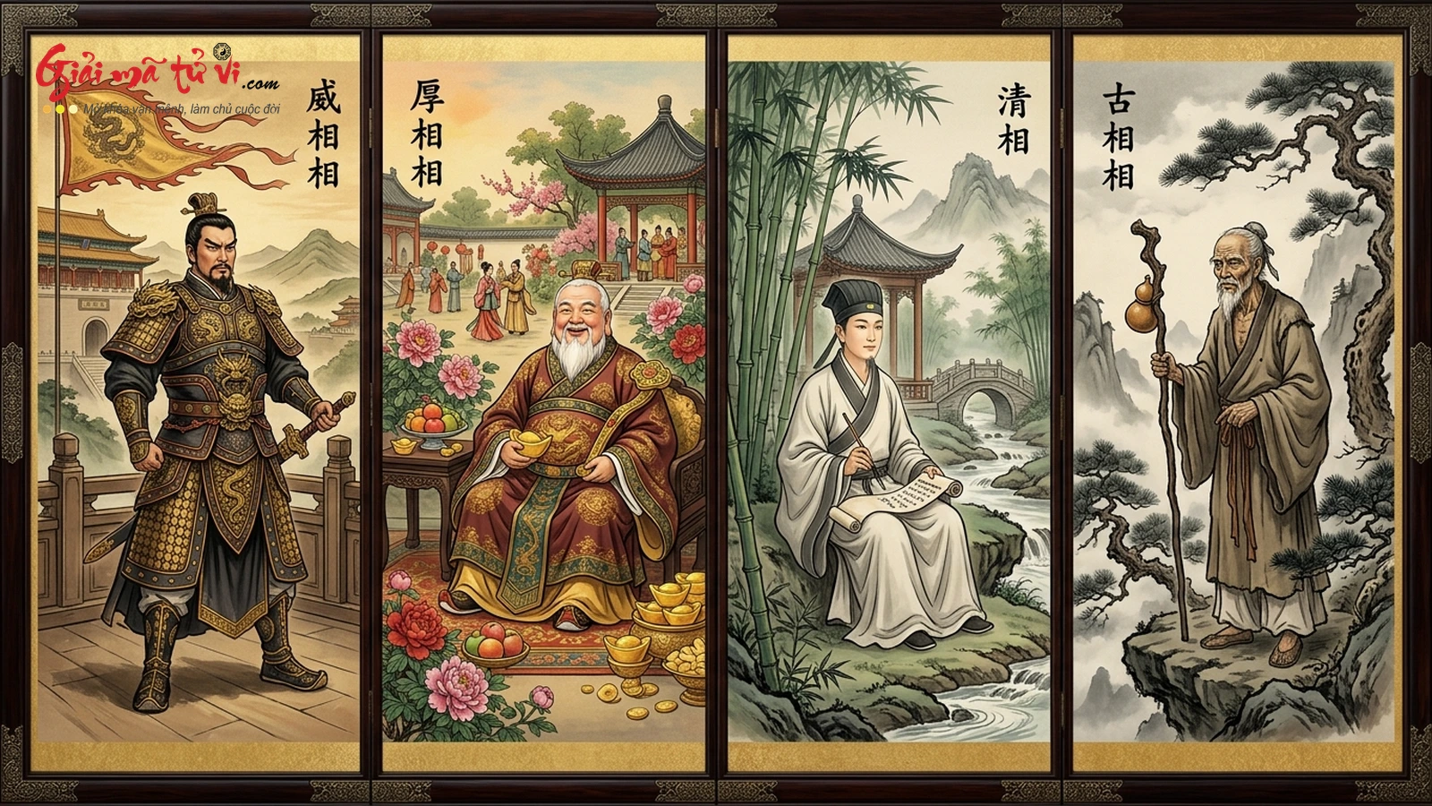 Đồ họa minh họa Tứ Đại Cát Tướng (Uy Tướng - Hậu Tướng - Thanh Tướng - Cổ Tướng) trong Nhân tướng học Á Đông