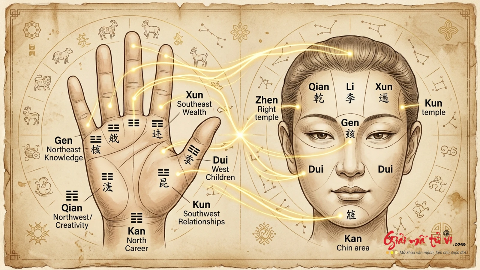 Đồ hình đối chiếu tương quan Bát Quái Cửu Cung giữa các bộ vị khuôn mặt và 8 gò năng lượng trên lòng bàn tay (Thủ tướng)