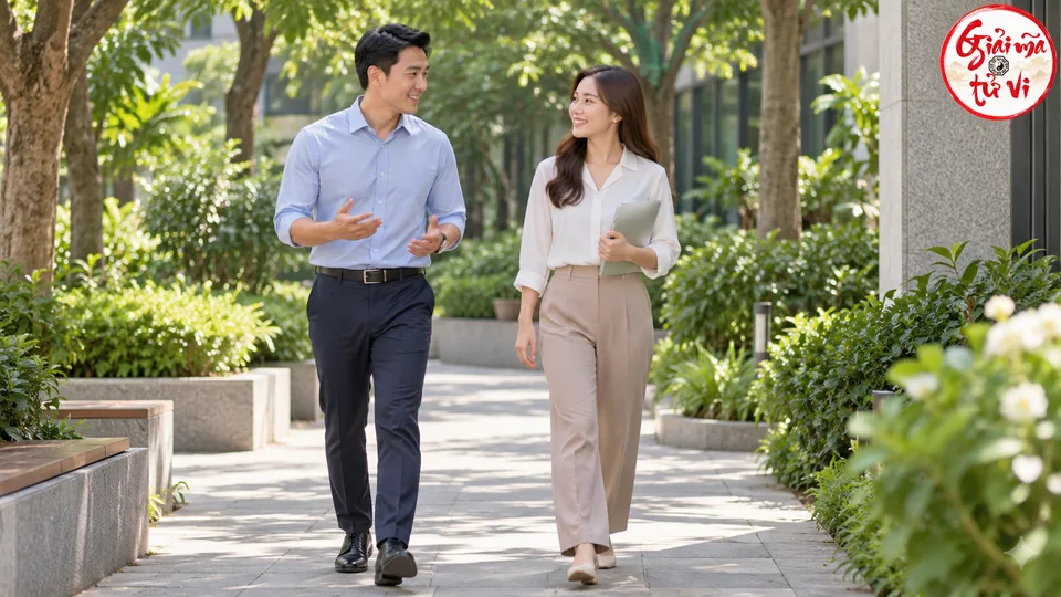 Hai đồng nghiệp trò chuyện khi đi qua sân có cây xanh