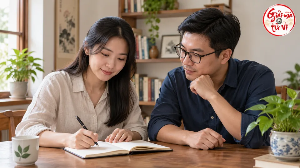 Hai người cùng xem sổ ghi chép trong một cuộc trao đổi