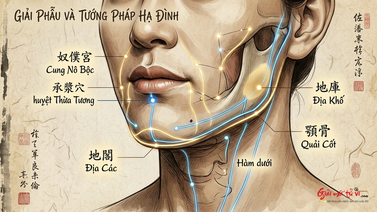 Sơ đồ giải phẫu diện mạo vùng cằm và quai hàm với các đường kinh lạc phát quang đánh dấu vị trí Cung Nô Bộc, huyệt Thừa Tương, Địa Các, Quải Cốt và Địa Khố