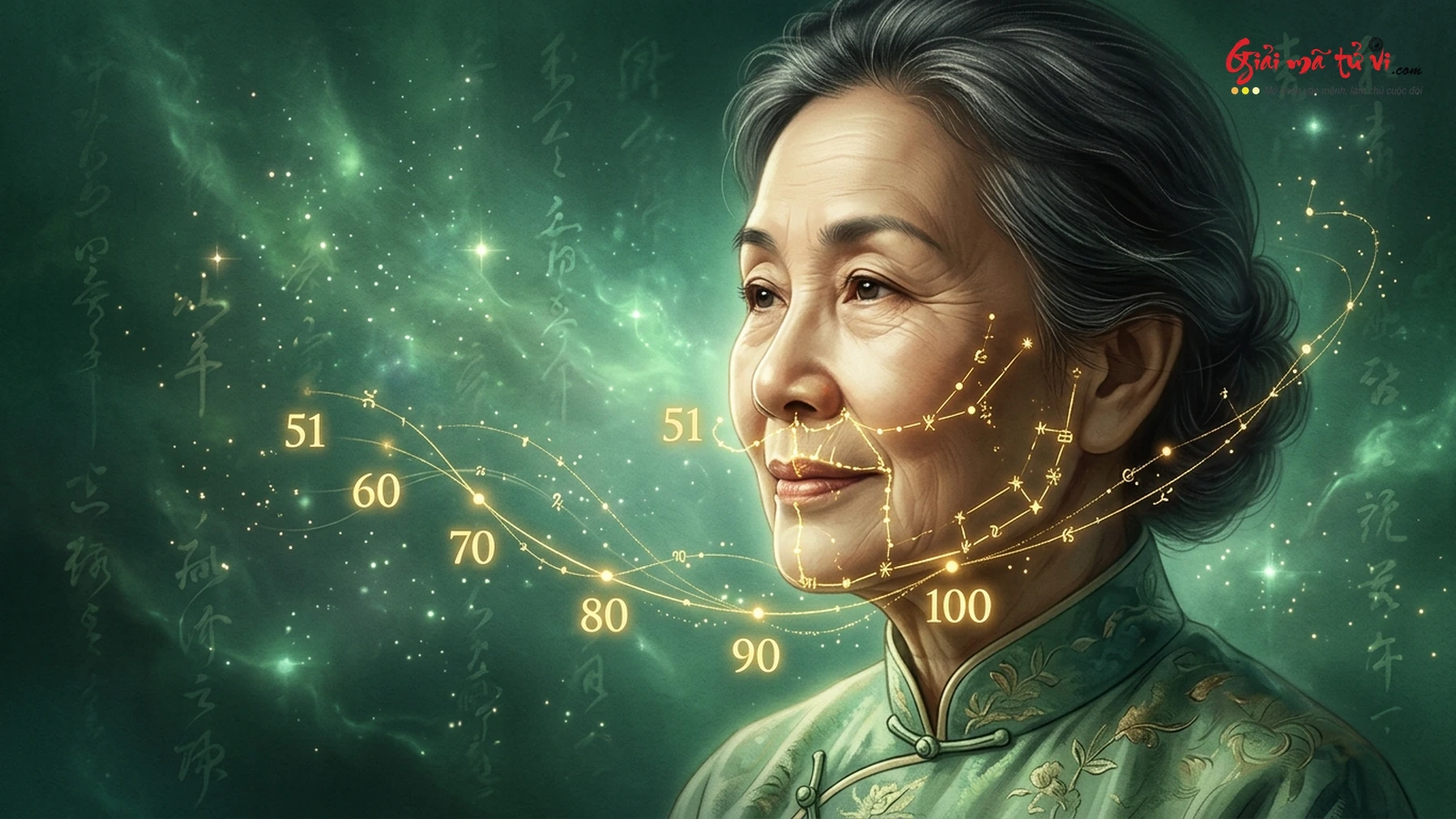 Chân dung phụ nữ lớn tuổi phúc hậu với quỹ đạo ánh sáng vàng kim đánh dấu các mốc lưu niên từ 51 đến 100 tuổi quanh cằm và khóe miệng