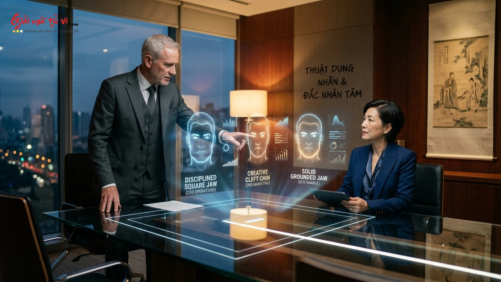 Hai nhà lãnh đạo trong phòng họp hiện đại bên bàn làm việc phát quang hologram các hình thái cằm ứng dụng trong tuyển dụng và quản trị nhân sự