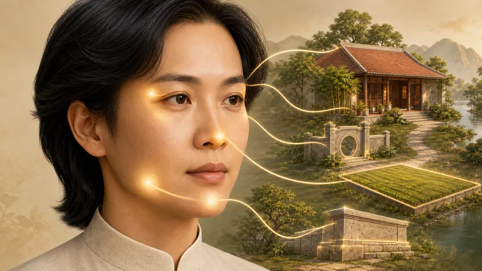 Minh họa năm vùng diện tướng liên hoàn liên hệ với khả năng gìn giữ nhà cửa và đất đai theo quan niệm nhân tướng học