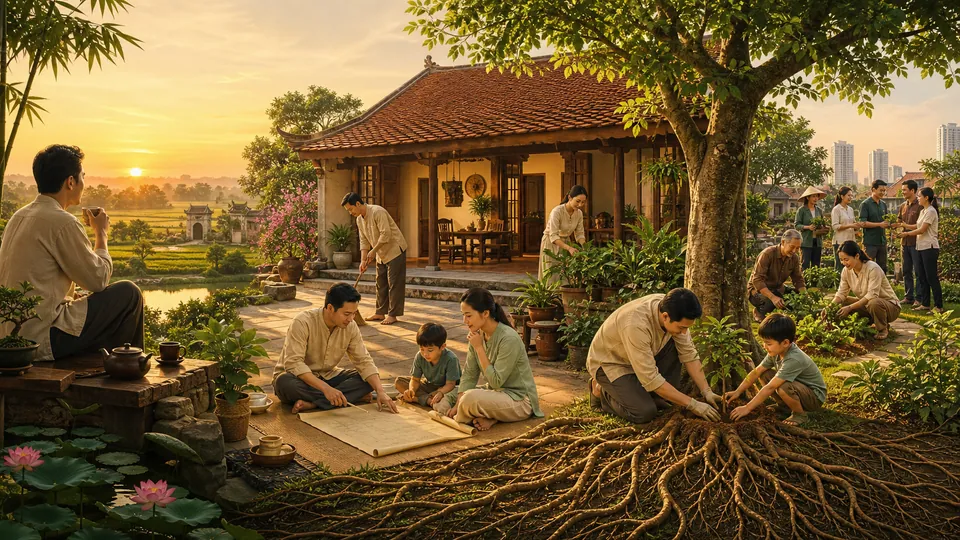 Minh họa các thói quen chăm sóc thân tâm, gia đình, nhà cửa và đất đai bền vững