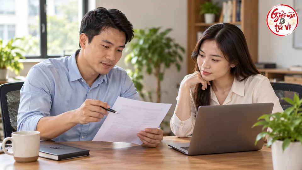 Hai người ngồi tại bàn, một người cầm trang giấy và bút, người còn lại ngồi sau máy tính; logo Giải Mã Tử Vi ở góc phải