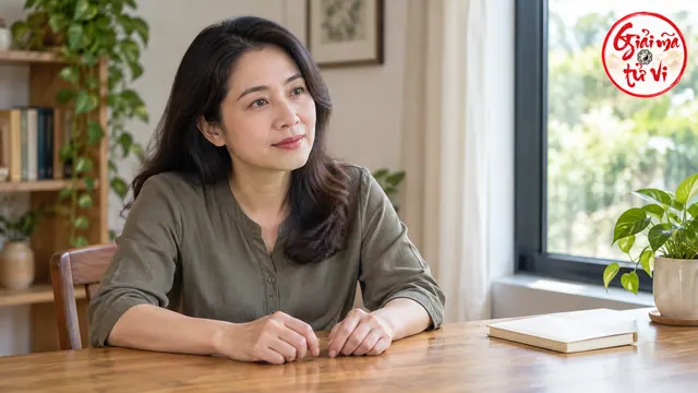Người nữ áo xanh xám ngồi cạnh cửa sổ, hai tay đặt riêng trên bàn, logo Giải Mã Tử Vi ở góc trên phải