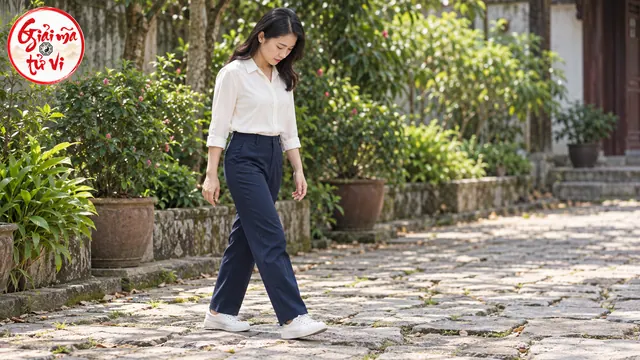 Người nữ áo trắng và quần xanh đi trên lối đá, đầu và mắt hướng xuống, logo Giải Mã Tử Vi ở góc trên trái