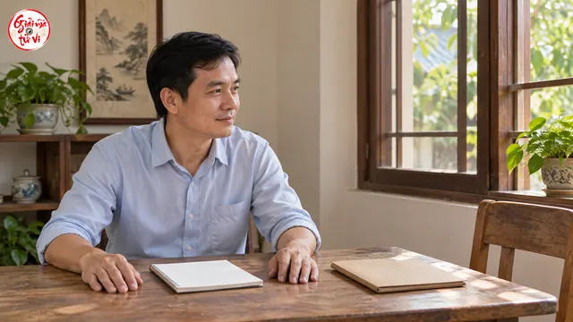 Người nam áo xanh nhạt ngồi bên sổ và tập hồ sơ, hai tay riêng trên bàn, logo Giải Mã Tử Vi ở góc trên trái