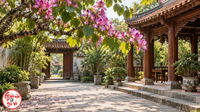 Cành hoa trên cao bên lối sân đá và đình gỗ, logo Giải Mã Tử Vi ở góc dưới trái