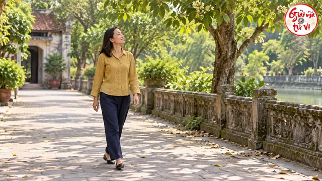 Người nữ áo vàng đất và quần xanh đi trong sân, đầu hướng về cành cây, logo Giải Mã Tử Vi ở góc trên phải