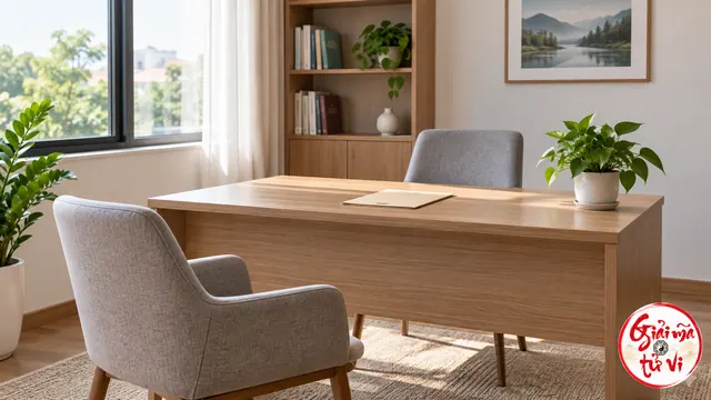 Bàn, hai ghế và hồ sơ đóng trong phòng sáng, logo Giải Mã Tử Vi ở góc dưới phải